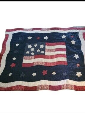 American Flag Hand Made Stitched Quilt Patriotic Primitive Folk Art Stars Stripe